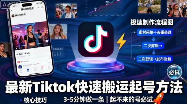 最新Tiktok快速搬运快速起号方法，3-5分钟做一条，起不来的号可以试试-宇文网创