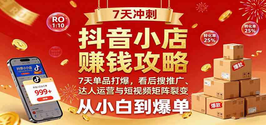 抖音小店赚钱攻略：7天单品打爆技巧，看后搜推广、达人运营与短视频矩阵裂变实战-宇文网创