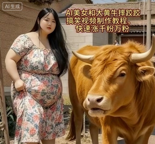 AI美女和大黄牛摔跤搞笑荒诞视频制作教程，快速涨千粉万粉-宇文网创