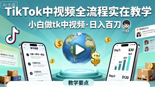TikTok中视频全流程实操教学，小白做tk中视频，日入百刀-宇文网创
