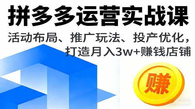 拼多多运营实战课，活动布局、推广玩法、投产优化，打造月入3w+赚钱店铺-宇文网创