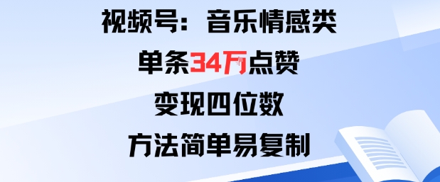 视频号分成计划新玩法：音乐情感类单条34W点赞，变现四位数，方法简单易复制-宇文网创