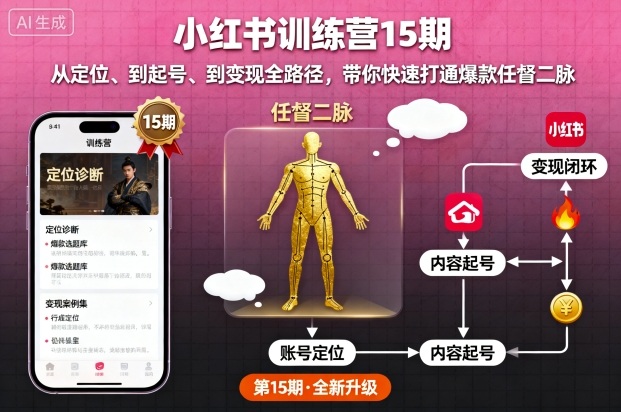 小红书训练营15期，从定位、到起号、到变现全路径，带你快速打通爆款任督二脉-宇文网创