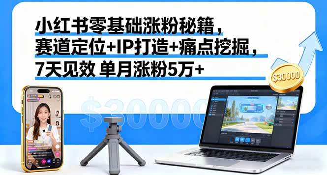 小红书零基础涨粉秘籍，赛道定位+IP打造+痛点挖掘，7天见效 单月涨粉5万+-宇文网创
