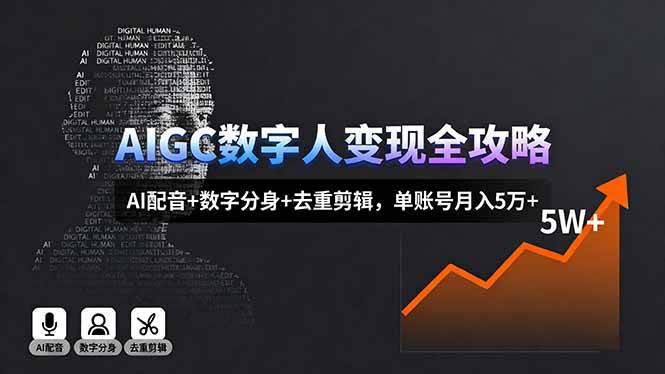 AIGC数字人变现全攻略，AI配音+数字分身+去重剪辑，单账号月入5万+-宇文网创