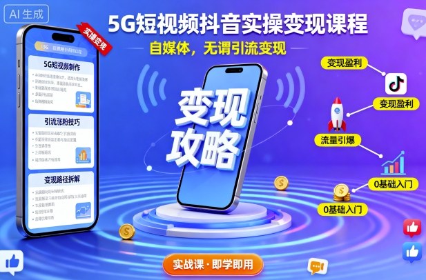 5G短视频抖音实操变现课程，自媒体，无谓引流变现-宇文网创