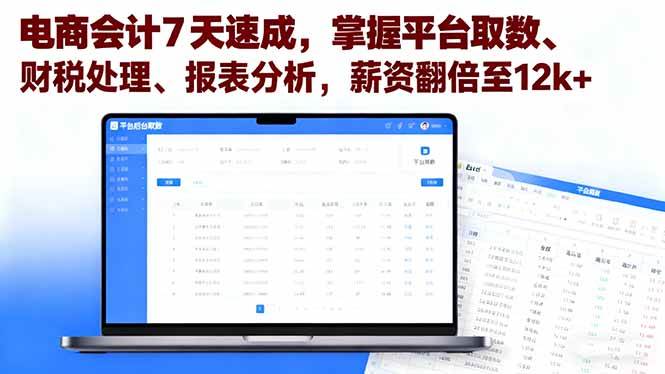 电商会计7天速成，掌握平台取数、财税处理、报表分析，薪资翻倍至12k+-宇文网创