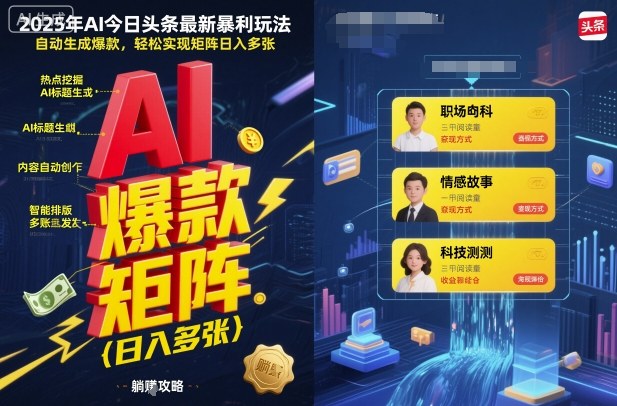 2025年AI今日头条最新暴利玩法，自动生成爆款，轻松实现矩阵日入多张-宇文网创