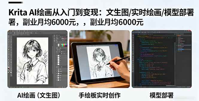Krita AI绘画从入门到变现：文生图/实时绘画/模型部署，副业月均6000元-宇文网创