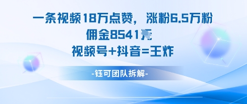 一条视频18W点赞，涨粉6.5W粉佣金8541米，视频号+抖音=王炸-宇文网创