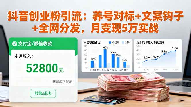 抖音创业粉引流：养号对标+文案钩子+全网分发，月变现5万实战-宇文网创