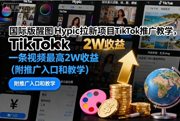 国际版醒图Hypic拉新项目TikTok推广教学，一条视频最高2W收益（附推广入口和教学）-宇文网创