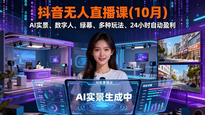 抖音无人直播课(10月)，AI实景、数字人、绿幕、多种玩法、24小时自动盈利-宇文网创
