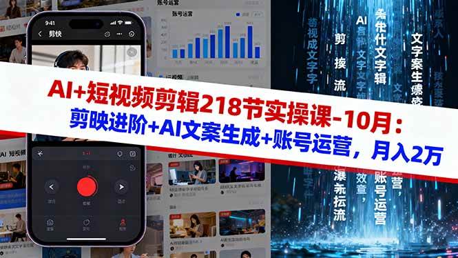 AI+短视频剪辑218节实操课-10月：剪映进阶+AI文案生成+账号运营，月入2万-宇文网创