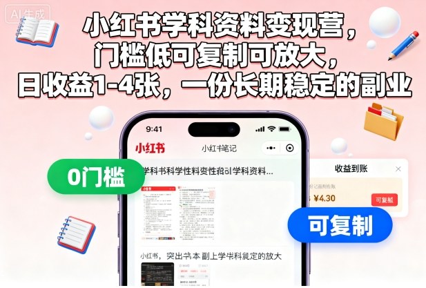 小红书学科资料变现营，门槛低可复制可放大，日收益1-4张，一份长期稳定的副业-宇文网创