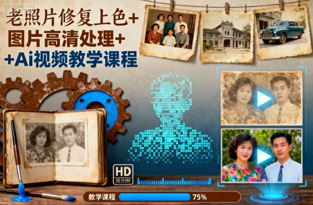 老照片修复上色+图片高清处理+Ai视频教学课程-宇文网创
