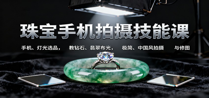 珠宝手机拍摄技能课:手机、 灯光选品，教钻石、翡翠布光，极简、中国风拍摄与修图-宇文网创