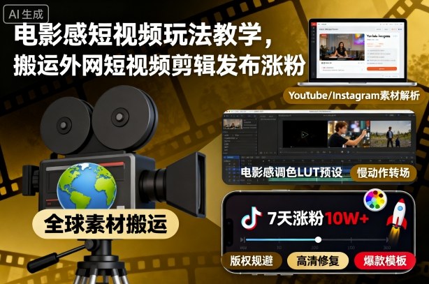 电影感短视频玩法教学，搬运外网短视频剪辑发布涨粉-宇文网创