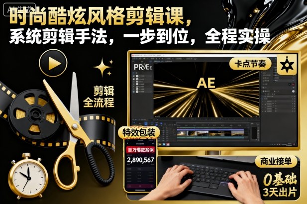 时尚酷炫风格剪辑课，系统剪辑手法，一步到位，全程实操-宇文网创