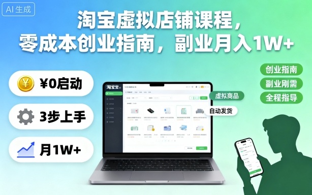 淘宝虚拟店铺课程，零成本创业指南，副业月入1W+-宇文网创
