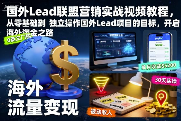国外Lead联盟营销实战视频教程，从零基础到独立操作国外Lead项目的目标，开启海外淘金之路-宇文网创