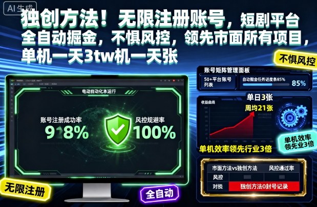 独创方法！无限注册账号，短剧平台全自动掘金，不惧风控，领先市面所有项目，单机一天3张【揭秘】-宇文网创