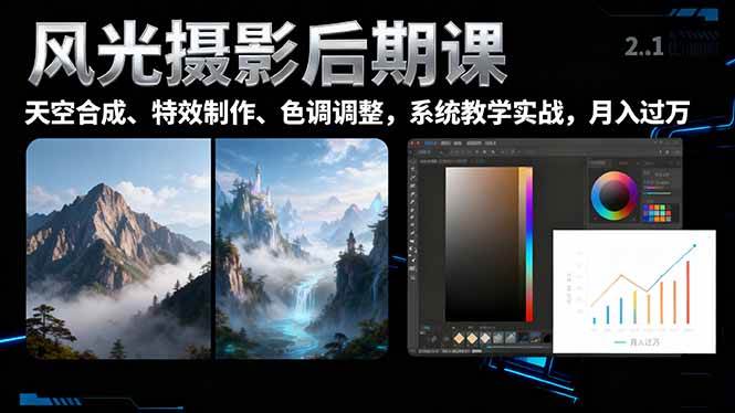风光摄影后期课，一键换天空合成、特效制作、色调调整，月入过万-宇文网创