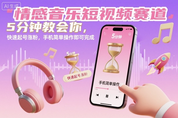 情感音乐短视频赛道，5分钟教会你，快速起号涨粉，手机简单操作即可完成-宇文网创
