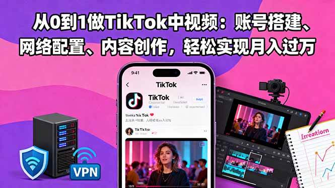 从0到1做TikTok中视频：账号搭建、网络配置、内容创作，轻松实现月入过万-宇文网创
