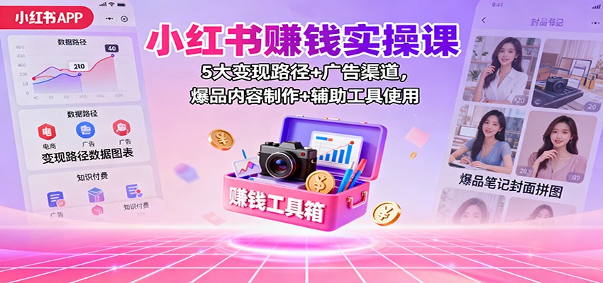 小红书赚钱实操课：5大变现路径+广告渠道，爆品内容制作+辅助工具使用-宇文网创