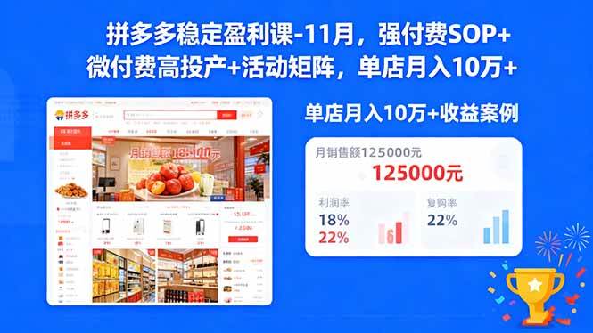 拼多多稳定盈利课-11月，强付费SOP+微付费高投产+活动矩阵，单店月入10万+-宇文网创