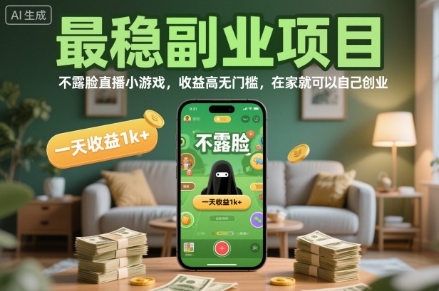 最稳副业项目，不露脸直播小游戏，收益高无门槛，一天收益1k+，在家就可以自己创业【揭秘】-宇文网创
