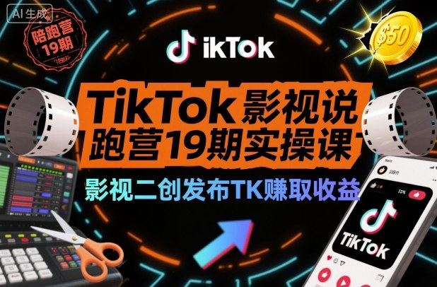 TikTok影视解说陪跑营19期实操课，影视二创发布TK賺取收益，万播收益50美金-宇文网创