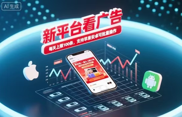 新台看广告，养好机一条5毛到5块，单机日入30到100，支持苹果安卓，可批量操作。-宇文网创