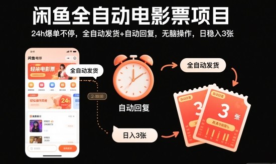 闲鱼全自动电影票项目，24h爆单不停，全自动发货+自动回复，无脑操作，日稳入3张【揭秘】-宇文网创