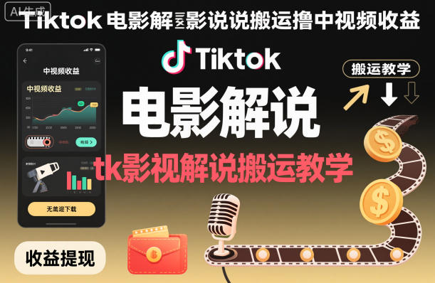 Tiktok电影解说搬运撸中视频收益，tk影视解说搬运教学-宇文网创