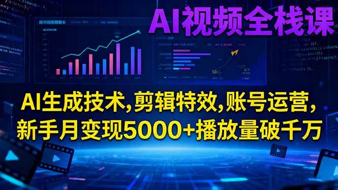 AI视频全栈课:AI生成技术,剪辑特效,账号运营,新手月变现5000+播放量破千万-宇文网创