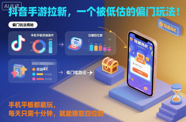 抖音手游拉新，一个被低估的偏门玩法！手机平板都能玩，每天只需十分钟，就能賺取四位数【揭秘】-宇文网创