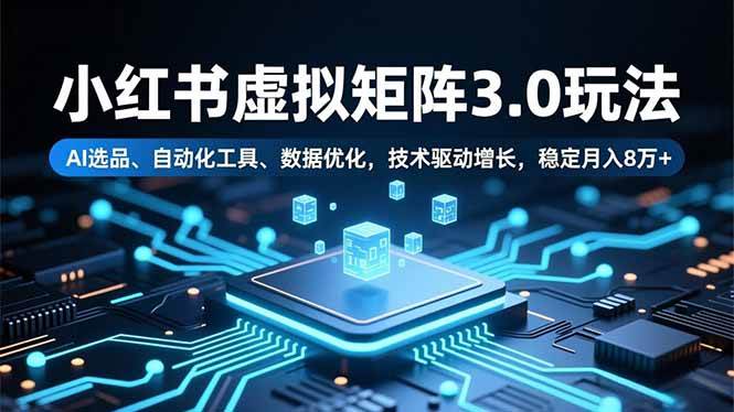 小红书虚拟矩阵3.0玩法，AI选品、自动化工具、数据优化，技术驱动增长，稳定月入8万+-宇文网创