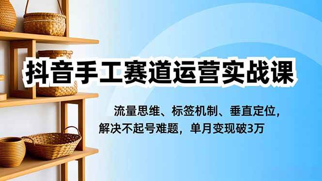 抖音手工赛道运营实战课，流量思维、标签机制、垂直定位，解决不起号难题，单月变现破3万-宇文网创