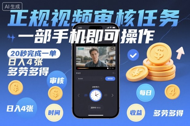 正规视频审核任务，一部手机即可操作，20秒完成一单，日入4张，多劳多得【揭秘】-宇文网创