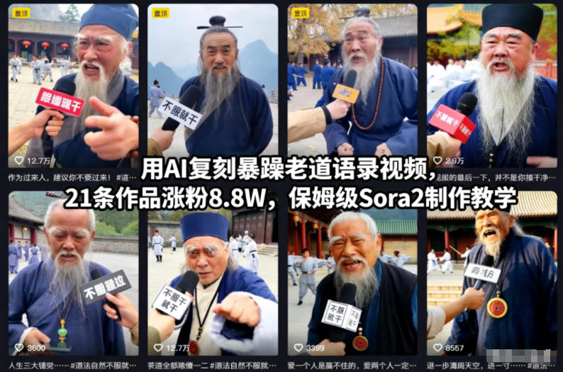 用AI复刻暴躁老道语录视频，21条作品涨粉8.8W，保姆级Sora2制作教学-宇文网创