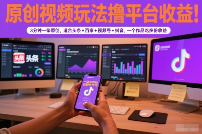 原创视频玩法撸平台收益，3分钟一条原创，适合头条+百家+视频号+抖音，一个作品吃多份收益-宇文网创