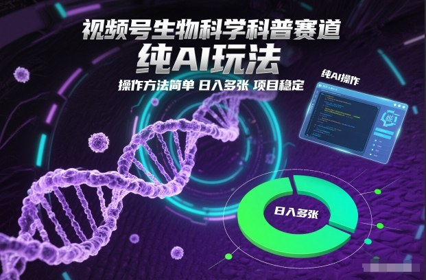 视频号生物科学科普赛道，纯AI玩法，操作方法简单，日入多张，项目稳定-宇文网创