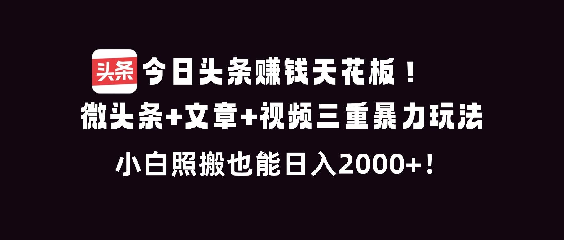 今日头条赚钱天花板！微头条+文章+视频三重暴利玩法，小白照搬也能日人2000+-宇文网创