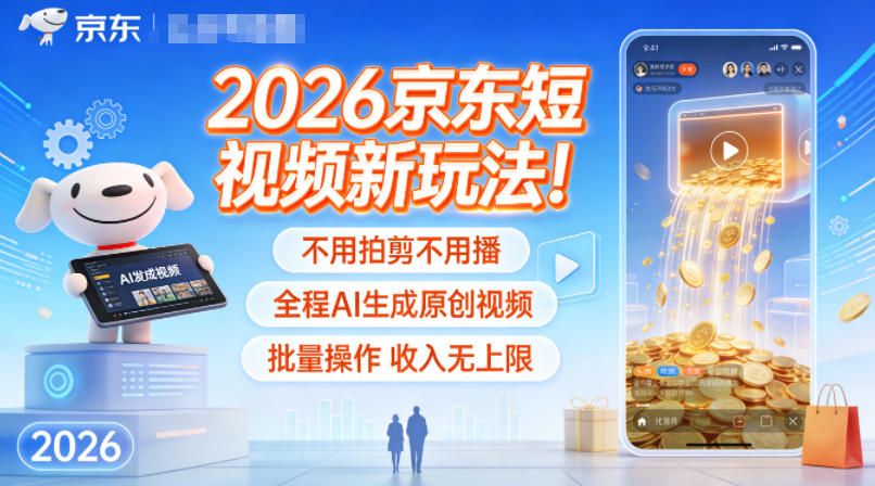 2026京东短视频新玩法！不用拍剪不用播，全程AI生成原创视频，批量操作收入无上限-宇文网创
