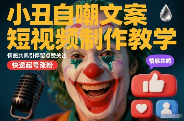 小丑自嘲文案短视频制作教学，情感共鸣引停留点赞关注，快速起号涨粉-宇文网创