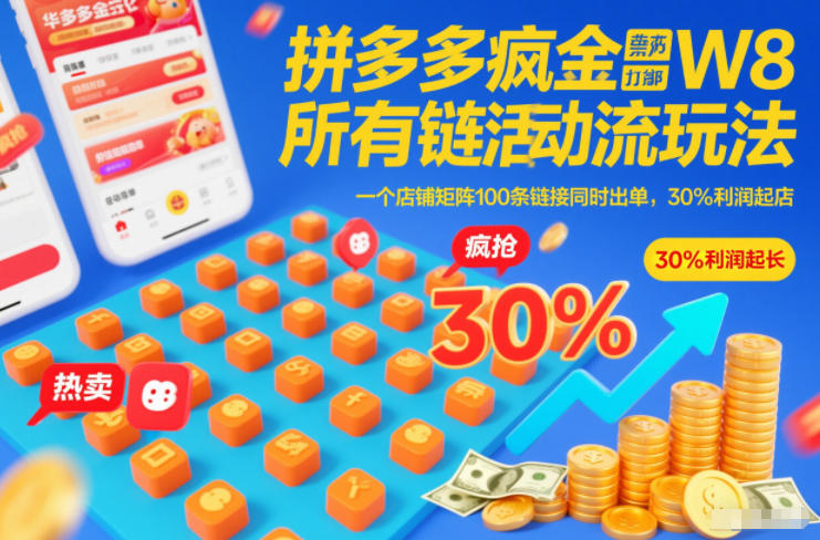 拼多多疯狂活动流玩法，所有链接全部打标，一个店铺矩阵100条链接同时出单，30%利润起店-宇文网创