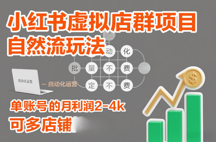 小红书虚拟店群项目，自然流玩法，批量自动化，稳定不费号，单账号的月利润2-4k，可多店矩阵-宇文网创