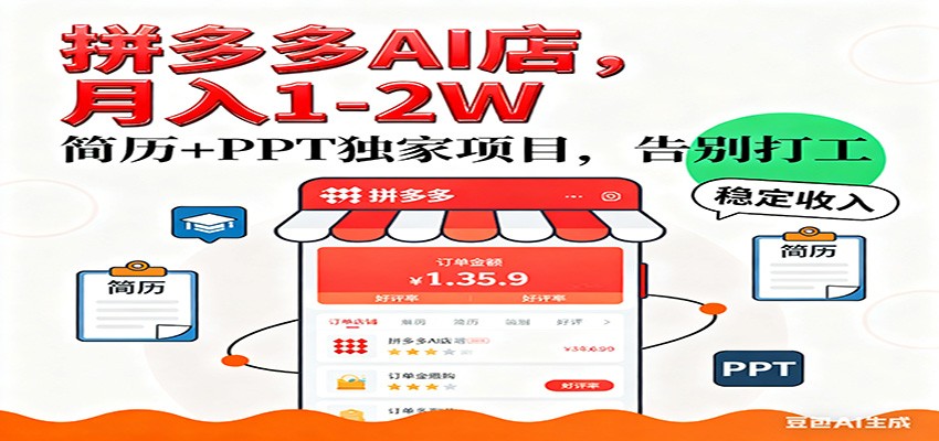 【独家】拼多多虚拟店，AI简历+PPT，单店月稳定1-2W，未来AI服务风口项目！-宇文网创
